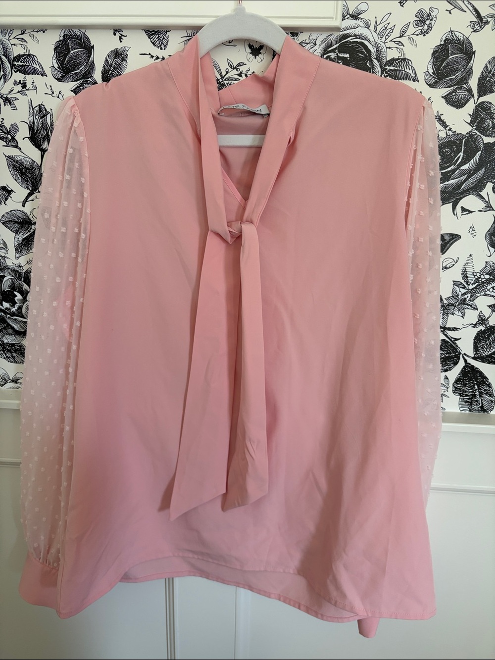 Kate Kasin Pink Tie-Neck Dotted Sheer Sleeve Blouse